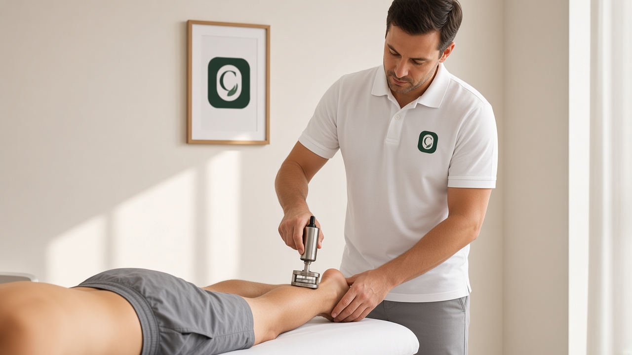 Fisioterapeuta aplicando ondas de choque en el talón
