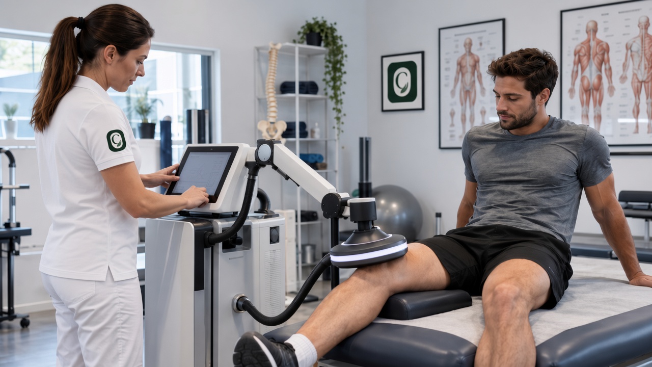 Fisioterapeuta aplicando Sistema Superinductivo (SIS) en la rodilla